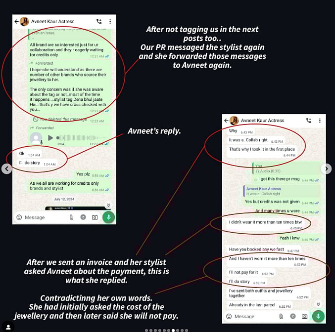 Screenshots of Avneet's chat with the brand's PR